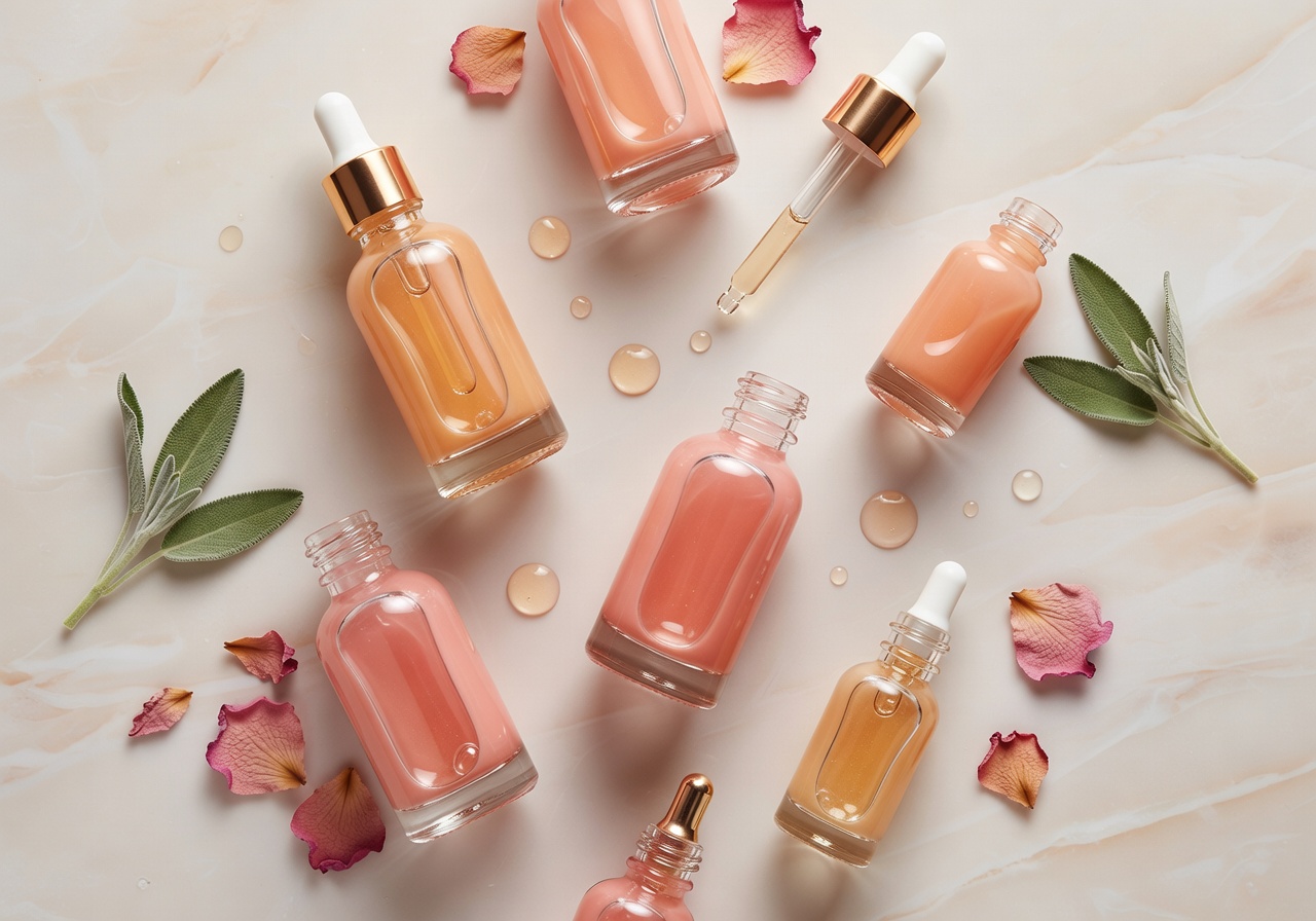 Premium-Skincare-Produkte mit Rosenblüten auf warmem Marmor